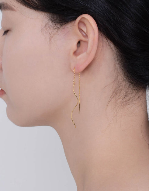 18K Altın Kaplama Kaplamalı Gümüş Dalgalı Çubuk Zincir Damla Küpe