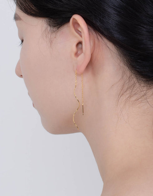 18K Altın Kaplama Kaplamalı Gümüş Dalgalı Çubuk Zincir Damla Küpe