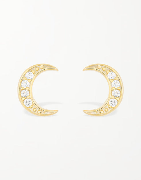 Sterling Silver Crescent Moon Studs with CZ & Gold Plating