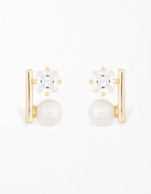 CZ and Pearl Bar Stud Earrings with Sterling Silver
