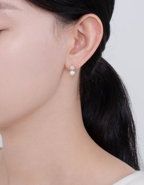 CZ and Pearl Bar Stud Earrings with Sterling Silver
