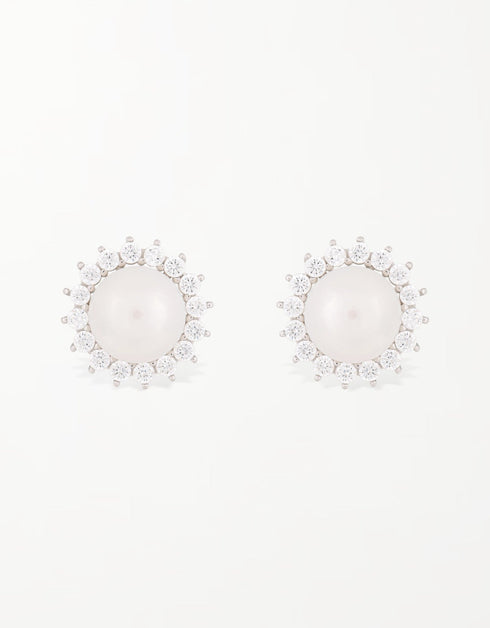 Sunflower Pearl Stud Earrings with CZ in Sterling Silver