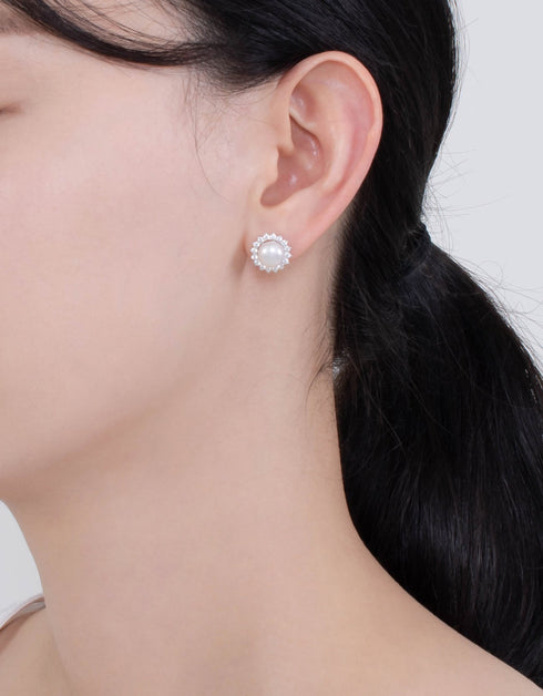 Sunflower Pearl Stud Earrings with CZ in Sterling Silver