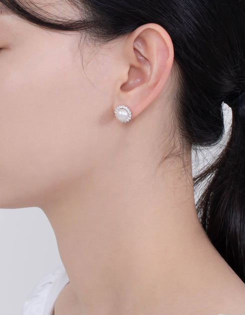 Sunflower Pearl Stud Earrings with CZ in Sterling Silver