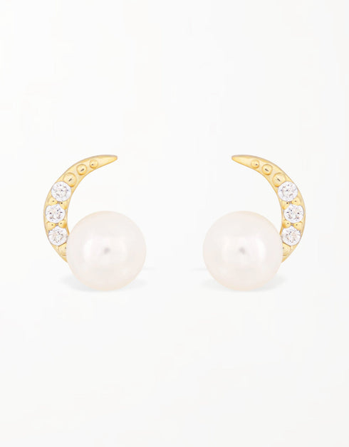 Sterling Silver Crescent Moon Studs with Freshwater Pearl