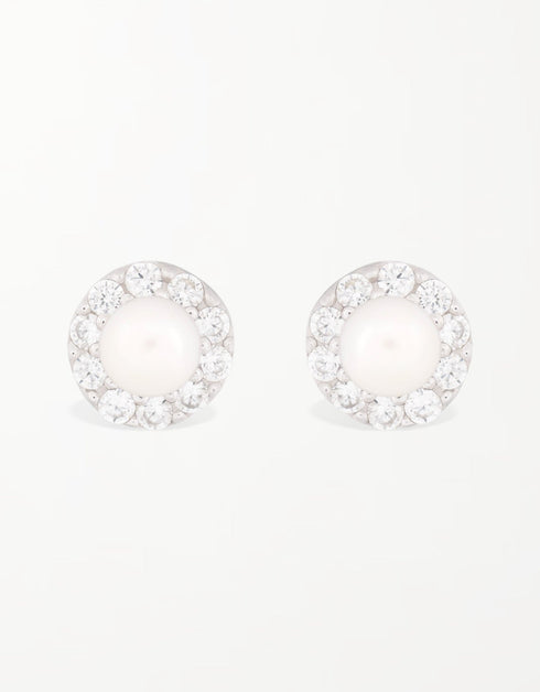 光泽珍珠与方晶锆石光环耳钉