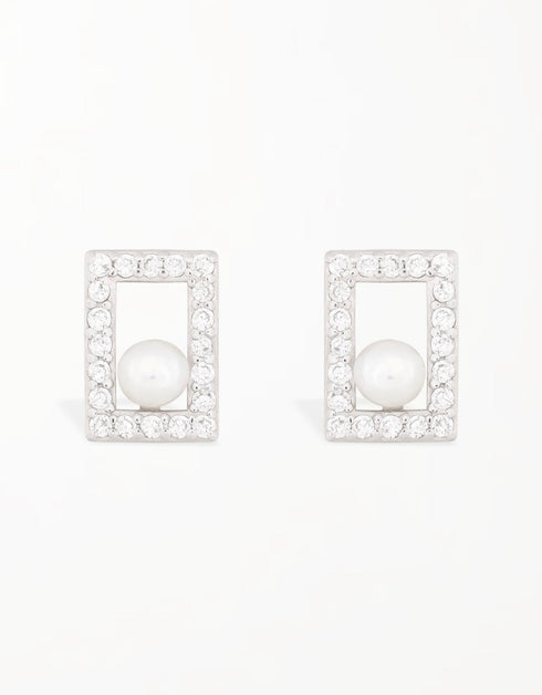 Sparkling CZ Square Sterling Silver Studs with Pearl Accents