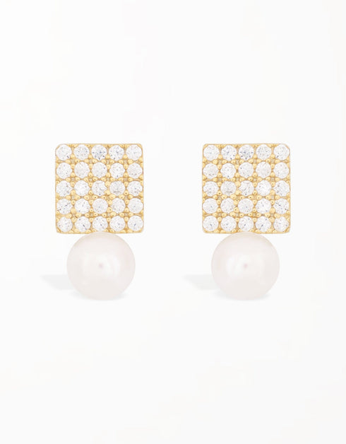 Işıltılı Kare Zirkon ve İnci Küpeler