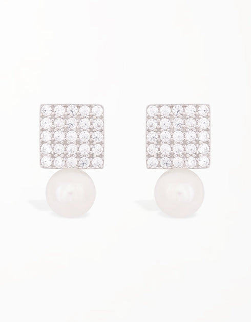 Işıltılı Kare Zirkon ve İnci Küpeler