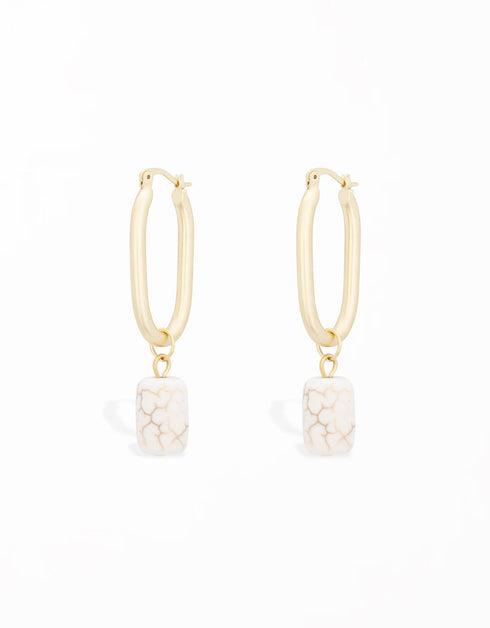优雅大理石纹白色吊饰环形耳环 18K 金镀金