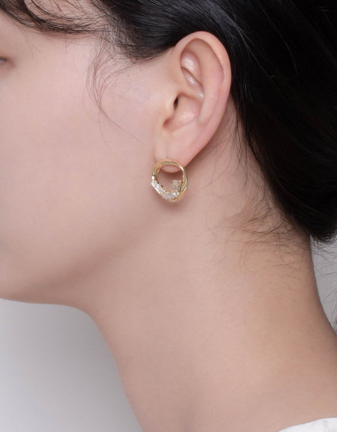 Swirling Sparkle Studs with Baguette CZ, Asymmetrical design